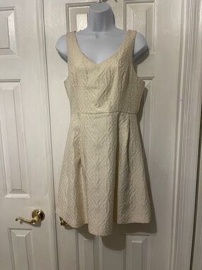 Q.B Flare Classic Cream Textured V-Neck Dress